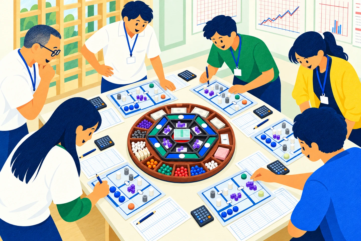 それぞれの会社の経営を判断し、決算をしながら学び合うMG研修のイメージ