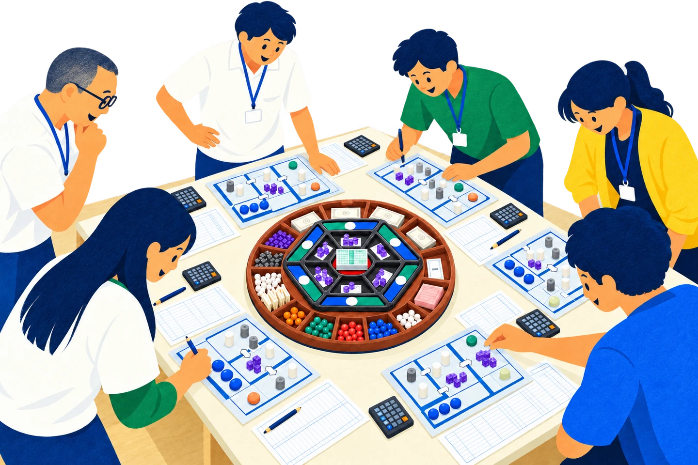 机を囲み、MG盤で経営と会計を学び合う研修のイメージ