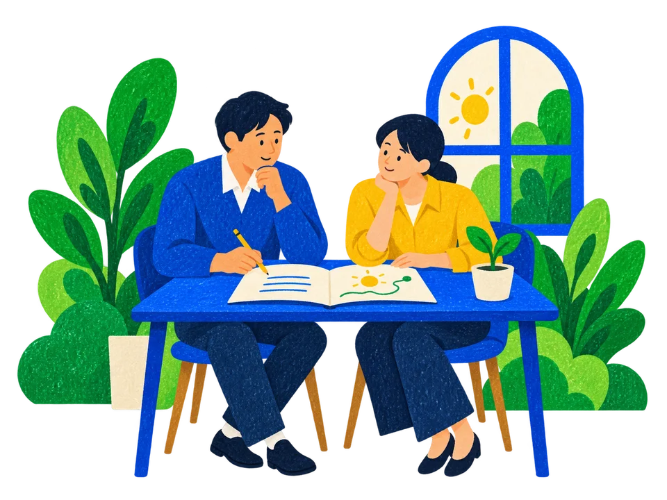 ノートを広げ、話を聞きながら一緒に考える二人