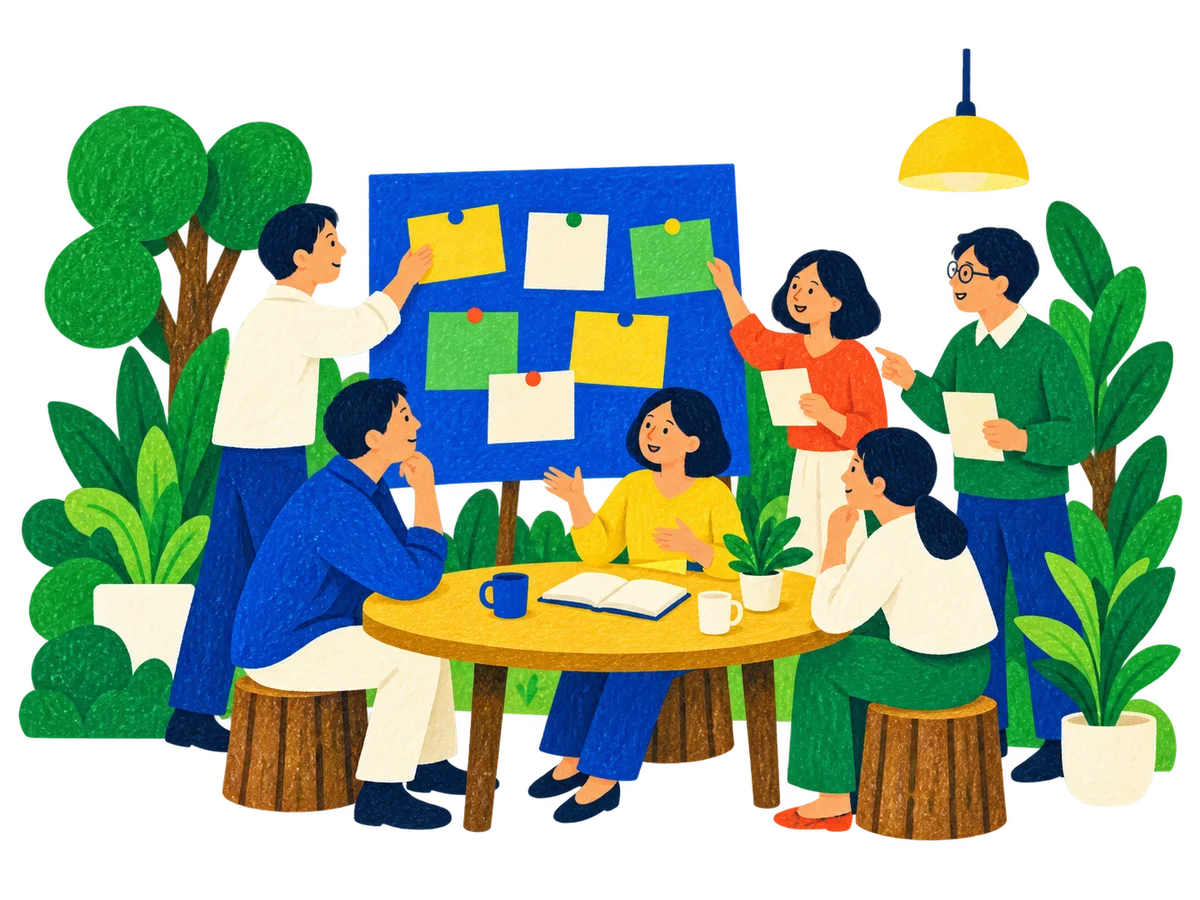 付箋に考えを書き、一人ひとりの声を聞き合う6人の参加者