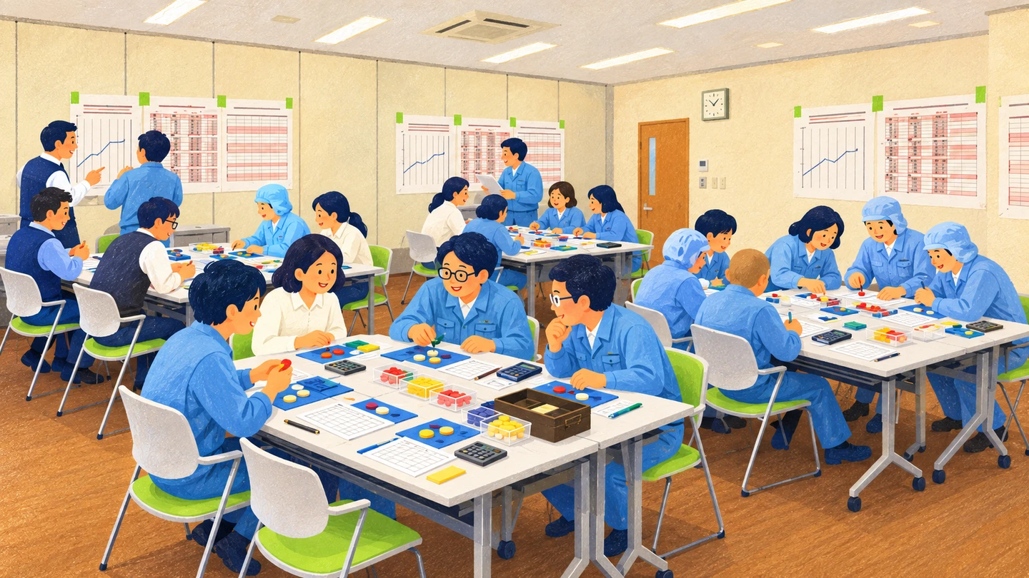 複数の卓でTOCゲームに取り組み、壁の集計表で結果を比べる研修会場のイメージ