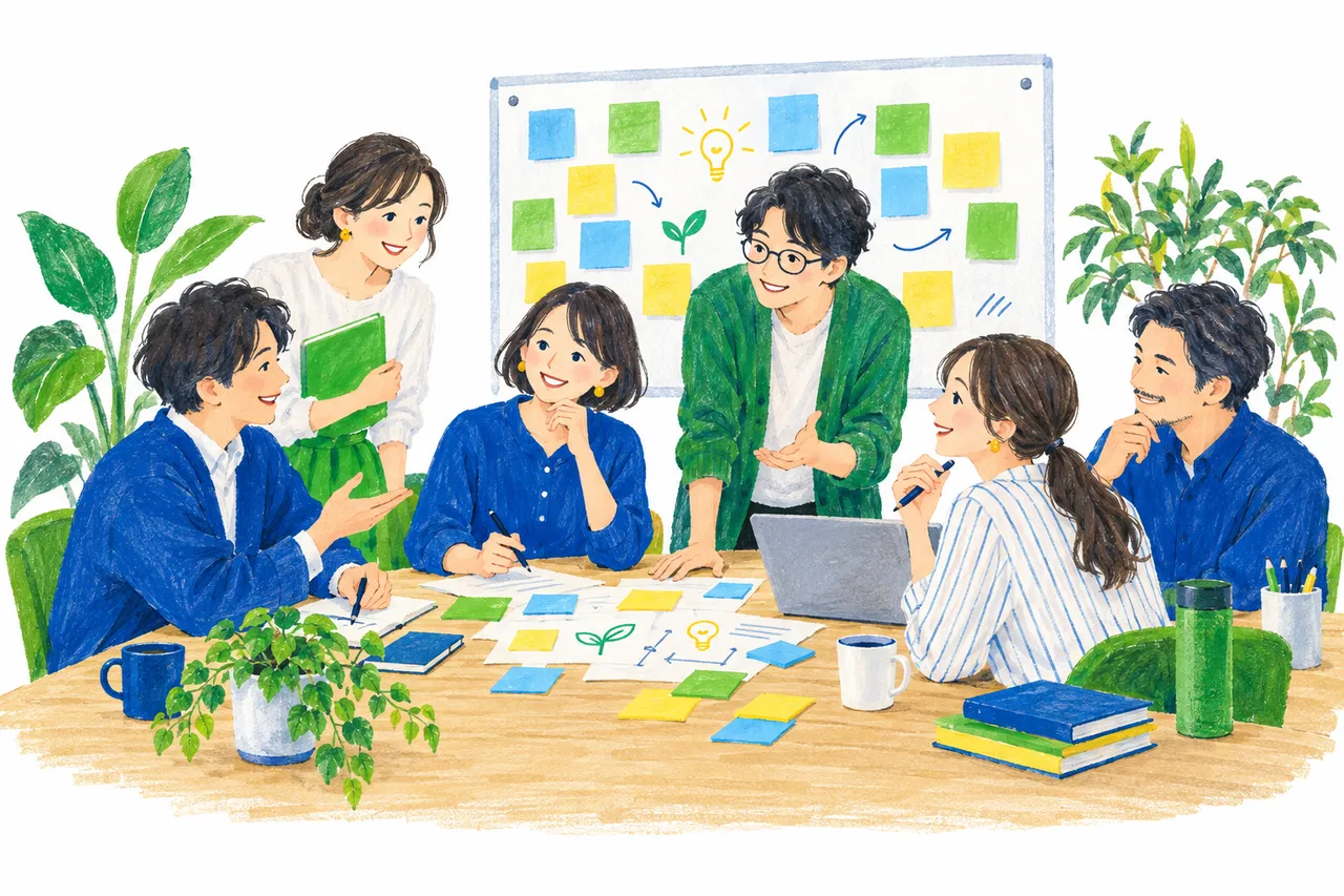 机を囲み、付箋や資料を使いながら話し合う参加者たちのイラスト