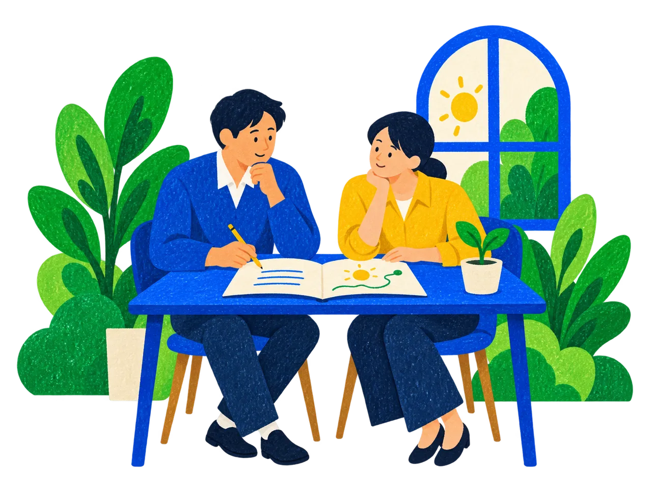二人が机でノートを広げ、話を聞きながら一緒に考えている切り紙風のイラスト