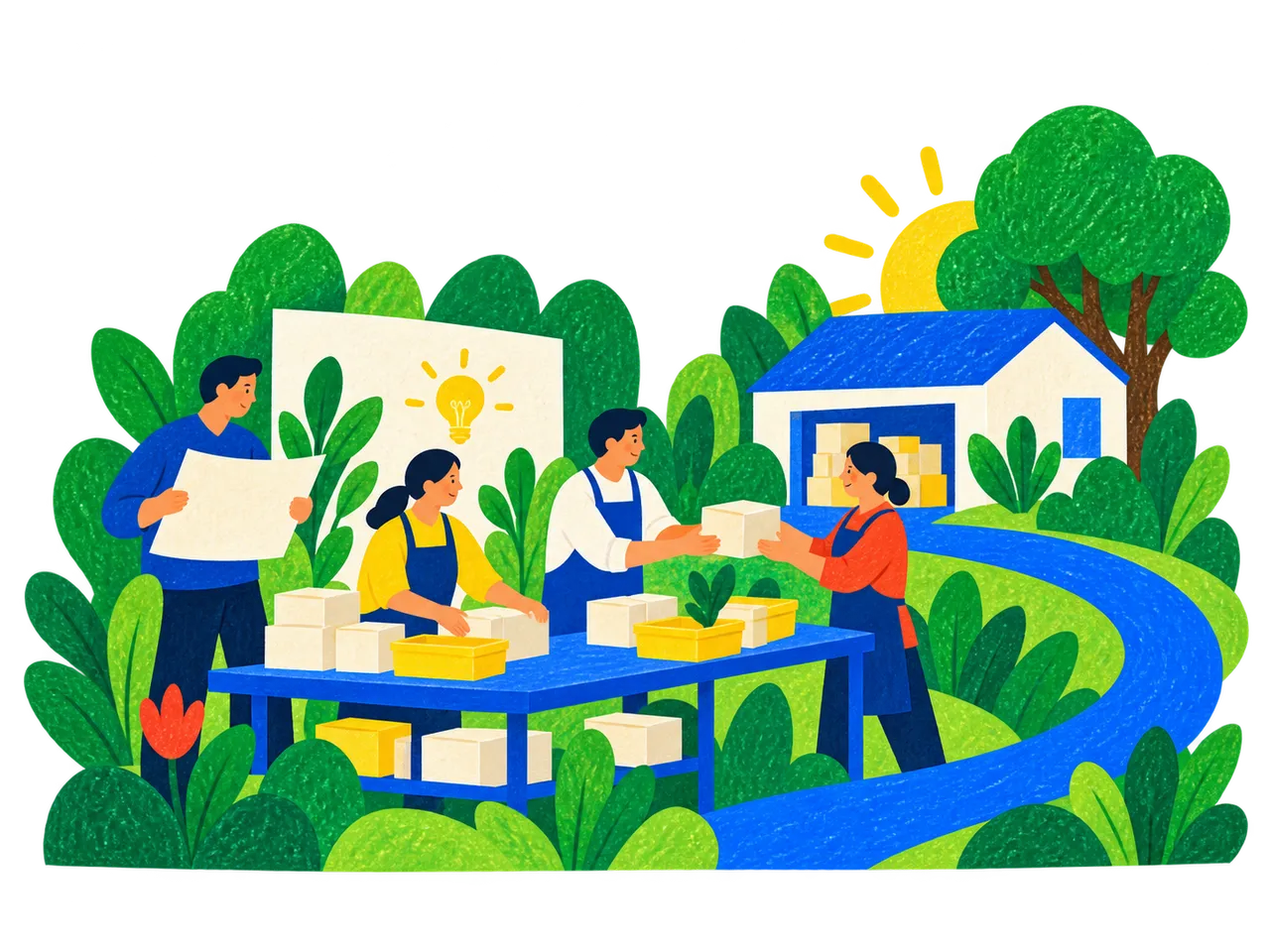 仕事が流れるように進んでいく職場と道を描いた切り紙風のイラスト
